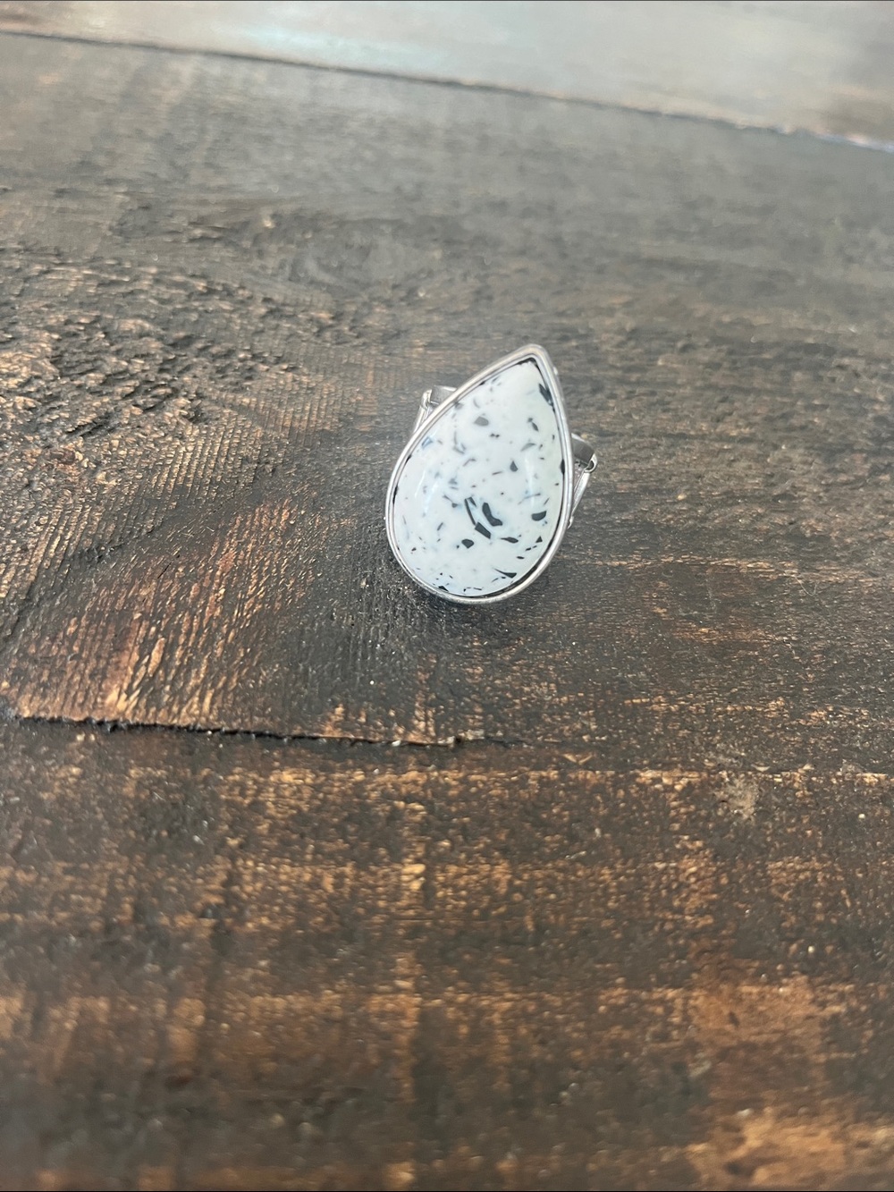 Silver Teardrop White Speckled Stone Ring - Women Jewelry